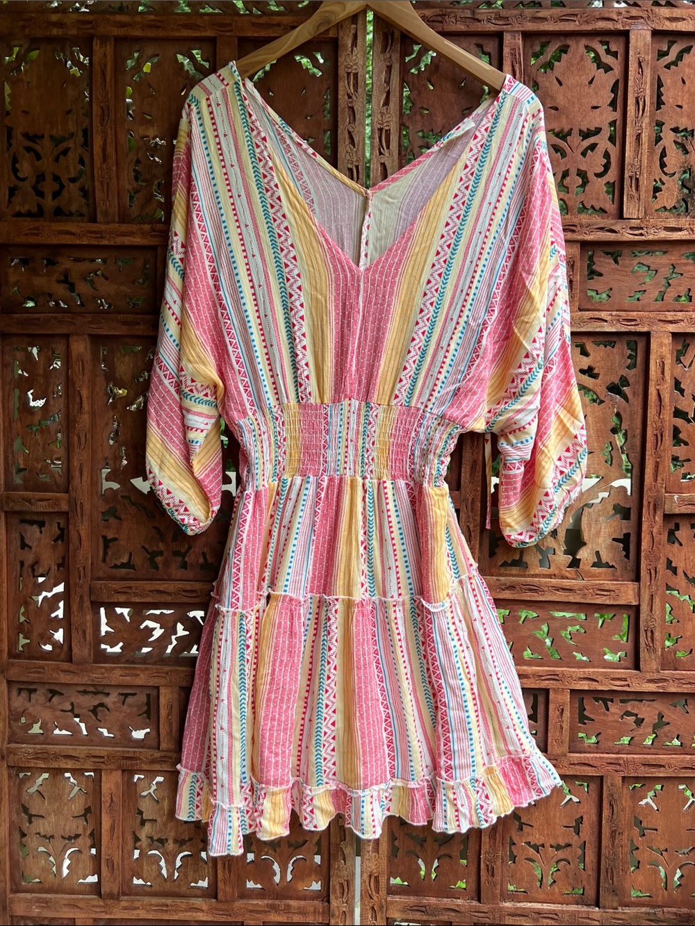 LA MIEL Multicolor Striped V-Neck Dress in Pink, Yellow & Blue